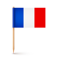 Realistic French toothpick flag. Souvenir from France. Wooden toothpick with paper flag. Location mark, map pointer. Blank mockup for advertising and promotions. Vector illustration
