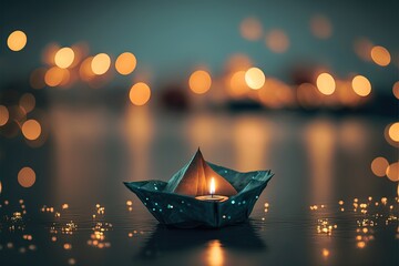 A candle in an origami boat on the water with a bokeh background - AI generative art - obrazy, fototapety, plakaty