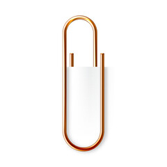 Realistic copper paperclip attached to paper isolated on white background. Shiny metal paper clip, page holder, binder. Workplace office supplies. Vector illustration