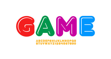 Child font, bright alphabet, modern letters and numbers, vector illustration 10eps