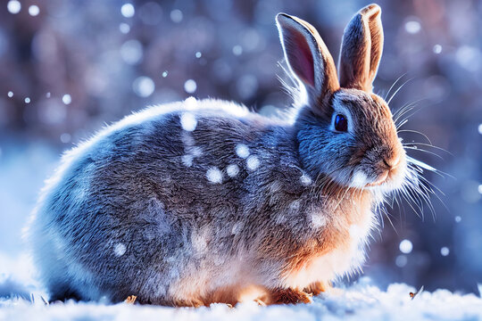 Cute rabbit winter in the snow, snowdrifts, fluffy snow. Falling snow, falling snowflakes