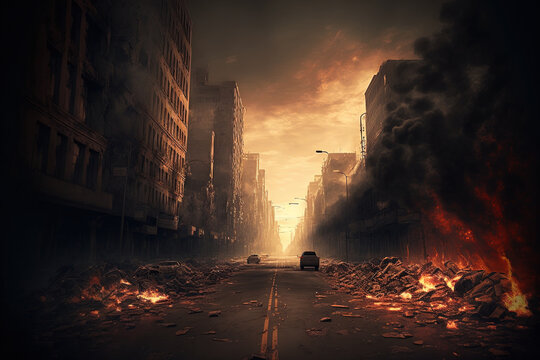 Burned out city street with no one on it, flames on the ground, and distant explosions of smoke. Apocalyptic perspective of the city center as a design for a catastrophe movie poster Generative ai