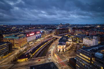 Panoramic view over the skyline of the city center of Copenhagen, Denmark, during dusk time with...