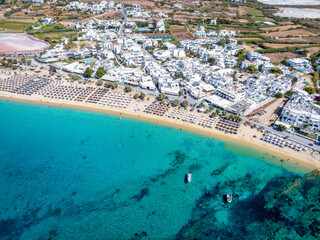 Aerial view of the popular Agios Prokopios beach at Naxos island, Cyclades, Greece