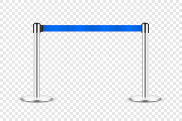 Realistic blue retractable belt stanchion. Crowd control barrier posts with caution strap. Queue lines. Restriction border and danger tape. Attention, warning sign. Vector illustration