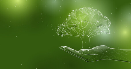 Low poly wireframe human hand holding a tree. Ecology and Earth day concept. Vector illustration
