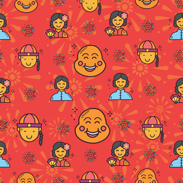 Red Vector Hand-drawn Chinese Character Set Repeat Pattern Design