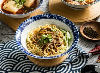 Spicy Mala Noodles served in dish isolated on napkin top view on table taiwan food