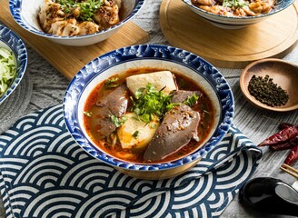 Spicy Stinky Tofu Duck Blood Pot served in dish isolated on napkin top view on table taiwan food