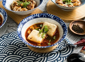 Spicy Stinky Tofu served in dish isolated on napkin top view on table taiwan food
