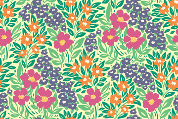 Seamless floral pattern with artistic spring meadow. Cute ditsy print, pretty botanical design with hand drawn wild plants: small flowers, leaves, herbs on light background. Vector illustration.