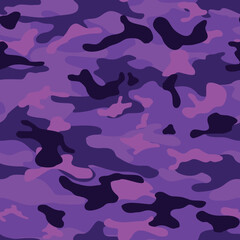 Seamless camouflage pattern of purple spots is modern. Abstract background of spots. Print on fabric and clothing. Vector illustration