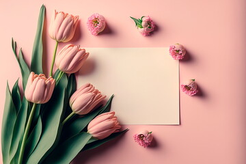 Pink tulip flower and empty paper.Spring bloom concept. Natural romantic love layout. Flat lay. Generative AI