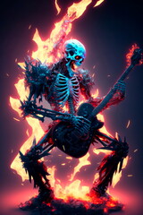 Fantastic guitarist skeleton with creepy guitar Generative AI
