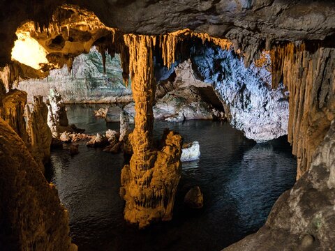 neptun cave in limestone rock of capo caccia in sardinia