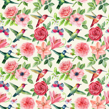 Bright vintage seamless background pattern. Rose, anemones, lilies with hummingbirds. hand drawn watercolor