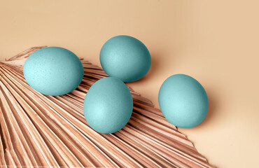 Easter eggs dyed, painted in pastel pale blue colour and dry leaf, minimal composition for spring religious holiday