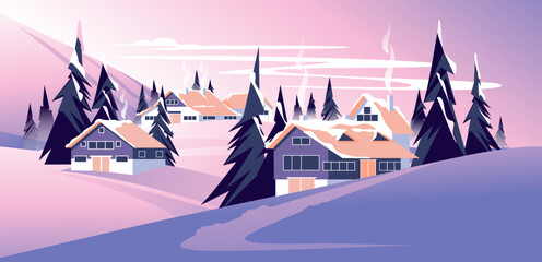houses in a winter fairy tale landscape. Snow-covered coniferous hills at sunset. Holiday season. Vector illustration