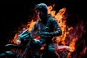 Fototapeta na wymiar Fire motorbiker in dramatic dark scene. Wallpaper . Generative AI