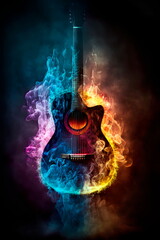 Music concept. Acoustic guitar smoke epic rock guitar. Generative AI