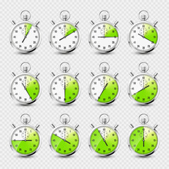 Realistic classic stopwatch icons. Shiny metal chronometer time counter with dial. Green countdown timer showing minutes and seconds. Time measurement for sport, start and finish. Vector illustration