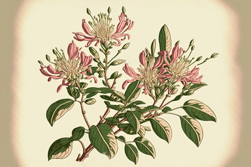 Obraz na płótnie Canvas Honeysuckle drawing on a spring flower backdrop created with public domain artworks. Generative AI