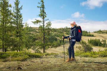 active hiker with bacpack hiking in forest mountain. backpacker relaxing during summer vacation in mountains.