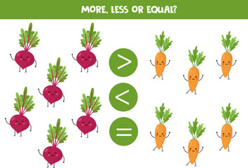More, less or equal with cute cartoon beetroot and carrot.