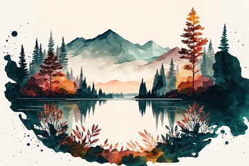 Fototapeta Mountains, forests, and a lake are shown in a watercolor scene. Autumnal landscape. Beautiful woodland picture with a trip feel. Generative AI obraz