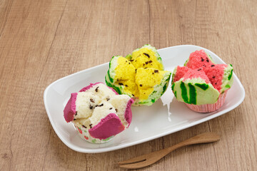 Bolu Kukus (Sponge Cake), made from flour, tapioca flour, egg and sugar. Indonesian traditional snack
