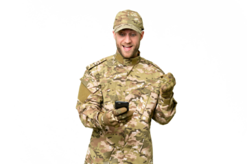 Military man over isolated chroma key background surprised and sending a message