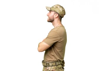 Military with dog tag over isolated chroma key background in lateral position