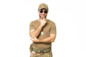 Military with dog tag over isolated chroma key background with glasses and smiling