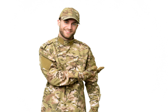 Military man over isolated chroma key background presenting an idea while looking smiling towards