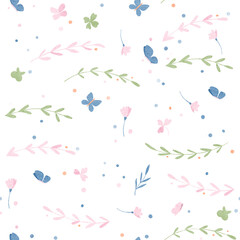 Fototapeta na wymiar cute seamless pattern with flowers, leaves, butterflies, branches and buds