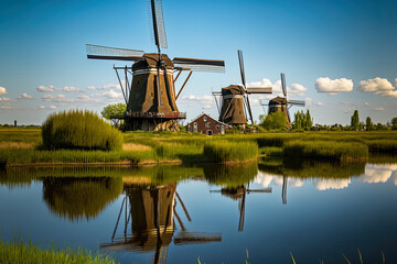 Naklejka premium Windmills may be seen in the Dutch countryside at the popular tourist destination Kinderdijk. Generative AI