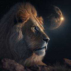 Close-up of a lion with stars and the moon in the background