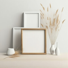3 Quadratischer Holzrahmen Mockup auf Vintage-Bank, Tisch. Moderne wei&szlig;e Keramikvase mit trockenem Lagurus ovatus Gras, B&uuml;cher und Visitenkarte. Wei&szlig;e Wand Hintergrund. Skandinavisches Interieur.