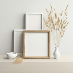3 Quadratischer Holzrahmen Mockup auf Vintage-Bank, Tisch. Moderne wei&szlig;e Keramikvase mit trockenem Lagurus ovatus Gras, B&uuml;cher und Visitenkarte. Wei&szlig;e Wand Hintergrund. Skandinavisches Interieur.