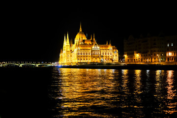 Budapest parliament from Danube river in the night, Hungary