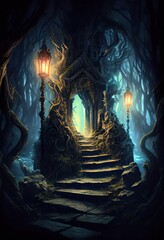 Magical portal in dark fantasy forest. Golden lights. Fantasy concept. Generative ai