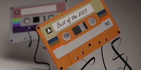 Audio cassette tape with best of the 2023 label 3d rendering illustration. Old vintage audio casette illustration
