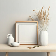 Quadratischer Holzrahmen Mockup auf Vintage-Bank, Tisch. Moderne wei&szlig;e Keramikvase mit trockenem Lagurus ovatus Gras, B&uuml;cher und Visitenkarte. Wei&szlig;e Wand Hintergrund. Skandinavisches Interieur.