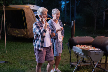 Group of family camper van sitting by fire grilling sausages and drinking dancing having dinner