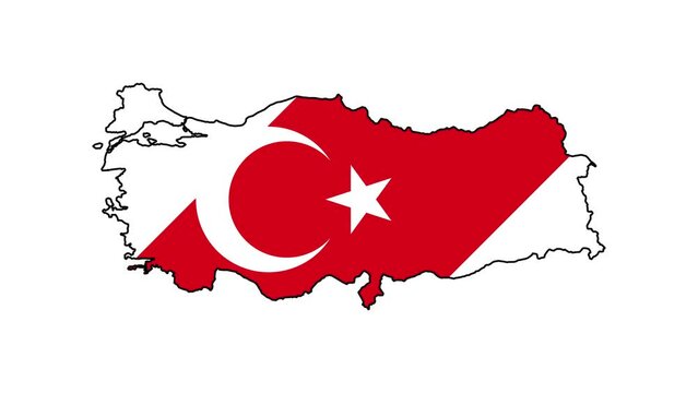 Turkey Map Outline Country Border on white background.  Appearance  national flag of Republic of Turkiye.  National flag shaped map Turkiye. Video. MP4. Six seconds.