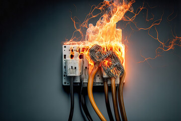 Illustration of a burning power socket. Generative AI.