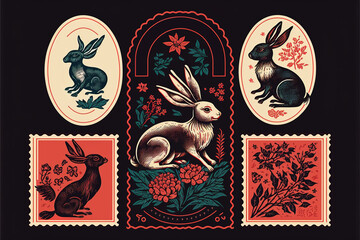 Chinese lunar new year animal with flowers ornaments, asian rabbits stamps and red horoscope vector Illustration set. Generative AI