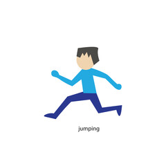 Side view of a cute cartoon man jumping forward on white background.