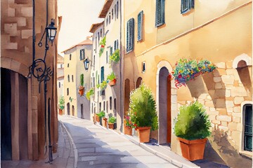 Fototapeta na wymiar Lovely coastal old italian village , street old town Watercolor illustration. Ai Generative