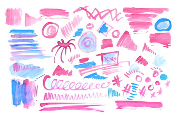 Set abstract painted watercolor brush strokes shape, grunge doodle, scribbles isolated on white background, with clipping path, photo